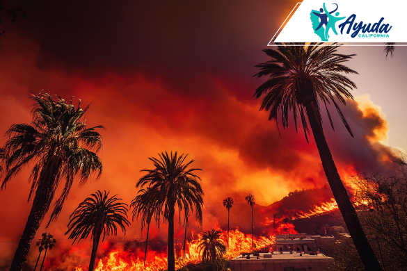 Towering flames engulf palm trees and residential structures, illustrating the devastating scale of the Eaton Fire in Southern California. The image reflects the tragedy behind the class action lawsuit filed against Southern California Edison, supported by Ayuda California.