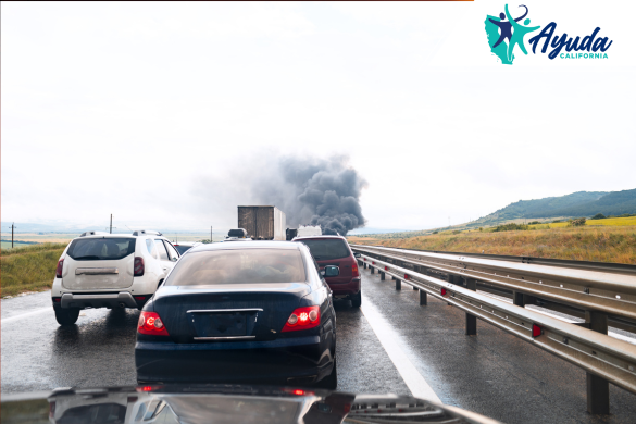 Cars are stopped on a highway as thick black smoke rises in the distance, illustrating the disruption caused by the Route Fire wildfire on the I-5 in California. The image highlights the risks faced by firefighters and the affected community, supported by Ayuda California.