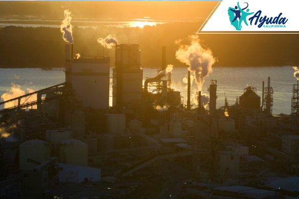 Una refinería emitiendo columnas de humo al atardecer junto a un cuerpo de agua, simbolizando los riesgos ambientales y de salud tras el incendio en la refinería de Martinez. La imagen refleja la preocupación pública por la respuesta tardía de las autoridades, como aborda Ayuda California.