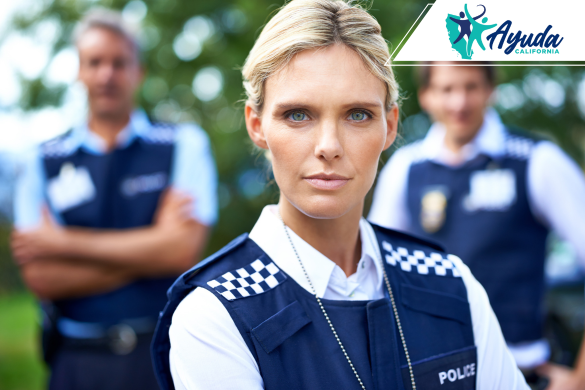 A female police officer stares directly at the camera with two colleagues in the background, symbolizing the fight for justice and against sexual harassment within law enforcement. The image reflects the recent allegations at the Tulare County Sheriff's Office, supported by Ayuda California.